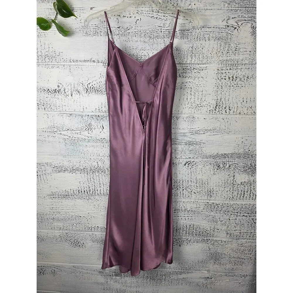 Vera Mauve Satin Lace-Up Back Midi Dress M Coquette Minimalist Slip Bridesmaid - Picture 4 of 11